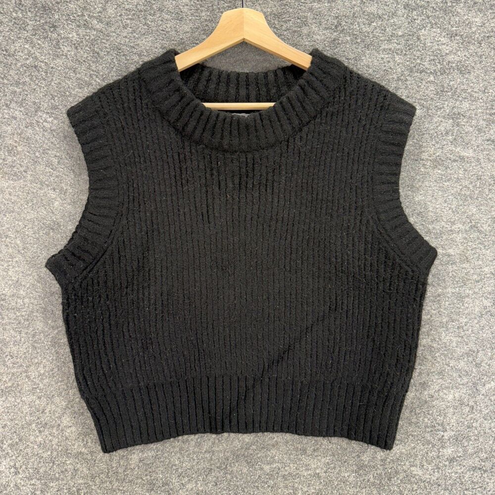 Collusion Cropped Knit Top Women 14 Black Crew Neck Sleeveless Wide Strap